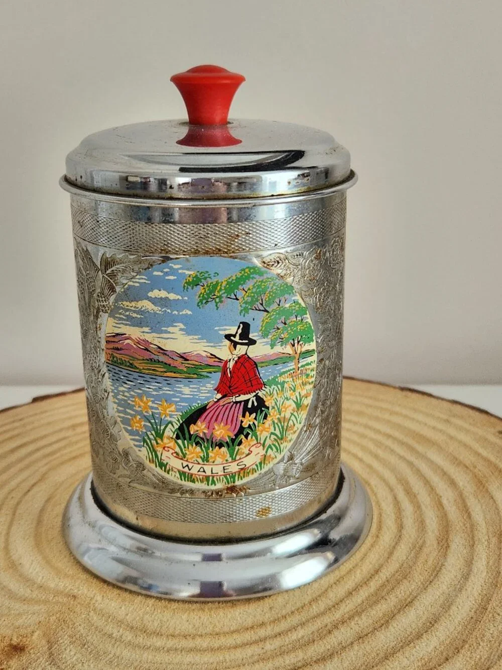 Vintage Mid-Century Chrome Tea Caddy “Wales” - Welsh Woman